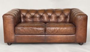 SOFA, 1970s brass studded, stitched and buttoned tan leather with flat top arms, 170cm W.
