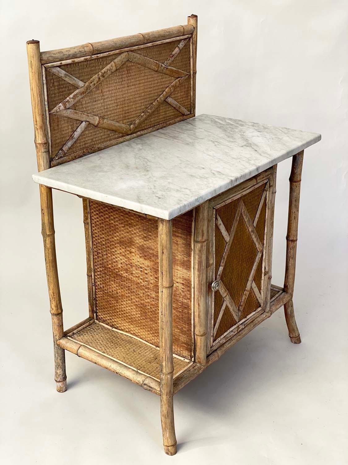 HALL CABINET, late 19th/early 20th century bamboo framed and cane panelled with veined Carrara - Image 2 of 5