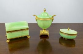 ITALIAN CASKET, lidded urn and box by Cerri Nestore Volterra, green glass with gilt bronze mounts,