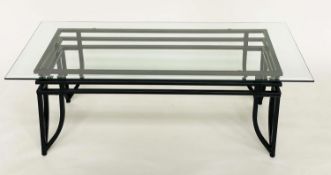 LOW TABLE, Art Deco style rectangular bevelled glass and metal triple stretchered support, 122cm x