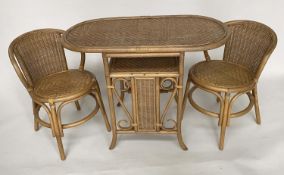 TERRACE SET, bamboo and rattan framed, wicker panelled and cane bound with rounded rectangular table