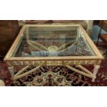 COFFEE TABLE, 120cm x 120cm x 47cm H, the glass top on a cream and gilt base.