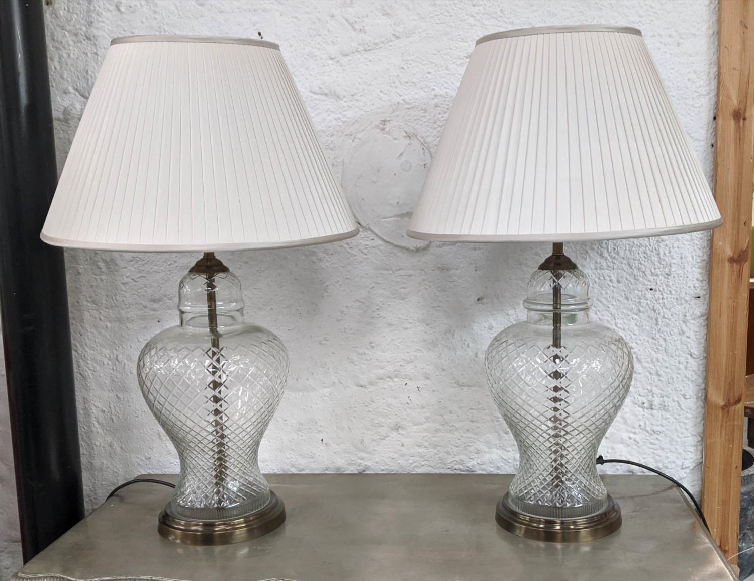 TABLE LAMPS, a pair, 74cm H, glass, with pleated shades. (2)