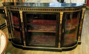 CREDENZA, Victorian circa 1880, ebonised with bowed glazed doors to ends, central glazed door,