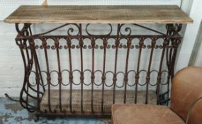 CONSOLE TABLES, two, 135cm x 40cm x 104cm, French provincial style design, wrought metal base. (2)