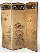 SCREEN, early 20th century three fold, oak framed with pierced carved crest and linen and needlework