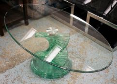 HELIX COCKTAIL TABLE, 41cm H x 118cm x 66cm, glass and steel with oval top on helix support.