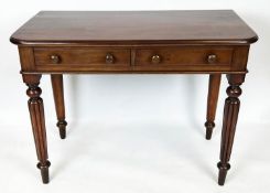 WRITING TABLE, 70cm H x 91cm x 47cm, Victorian mahogany with two drawers on reeded front legs.