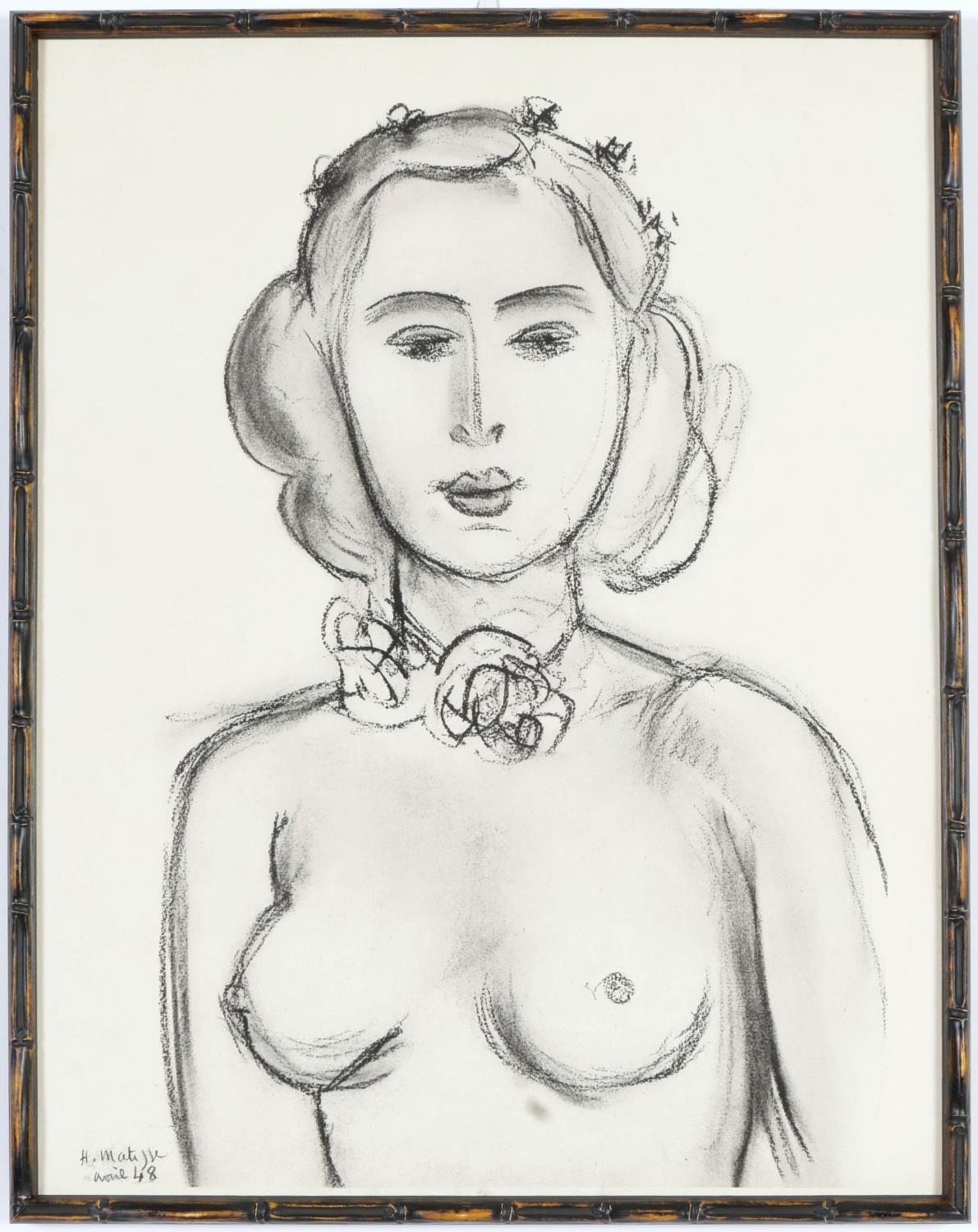 HENRI MATISSE, Buste de femme, signed in the plate, photolithograph 1959, faux bamboo frame, 37.