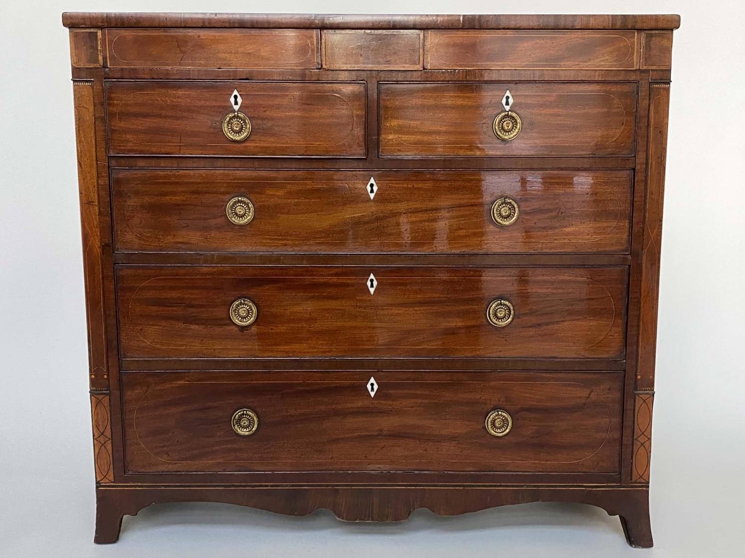 SCOTTISH HALL CHEST, early 19th century flamed mahogany of adapted shallow proportions with two