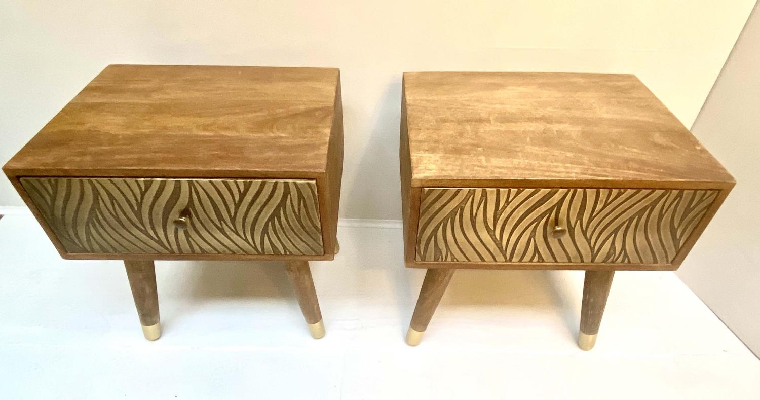 SIDE TABLES, a pair, 51cm H x 50cm W x 41cm D, 1970s Italian style, cedar wood finish, gilt metal - Image 4 of 4