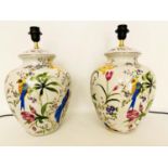 TABLE LAMPS, a pair, 46cm high, glazed ceramic with foliate and bird print design. (2)