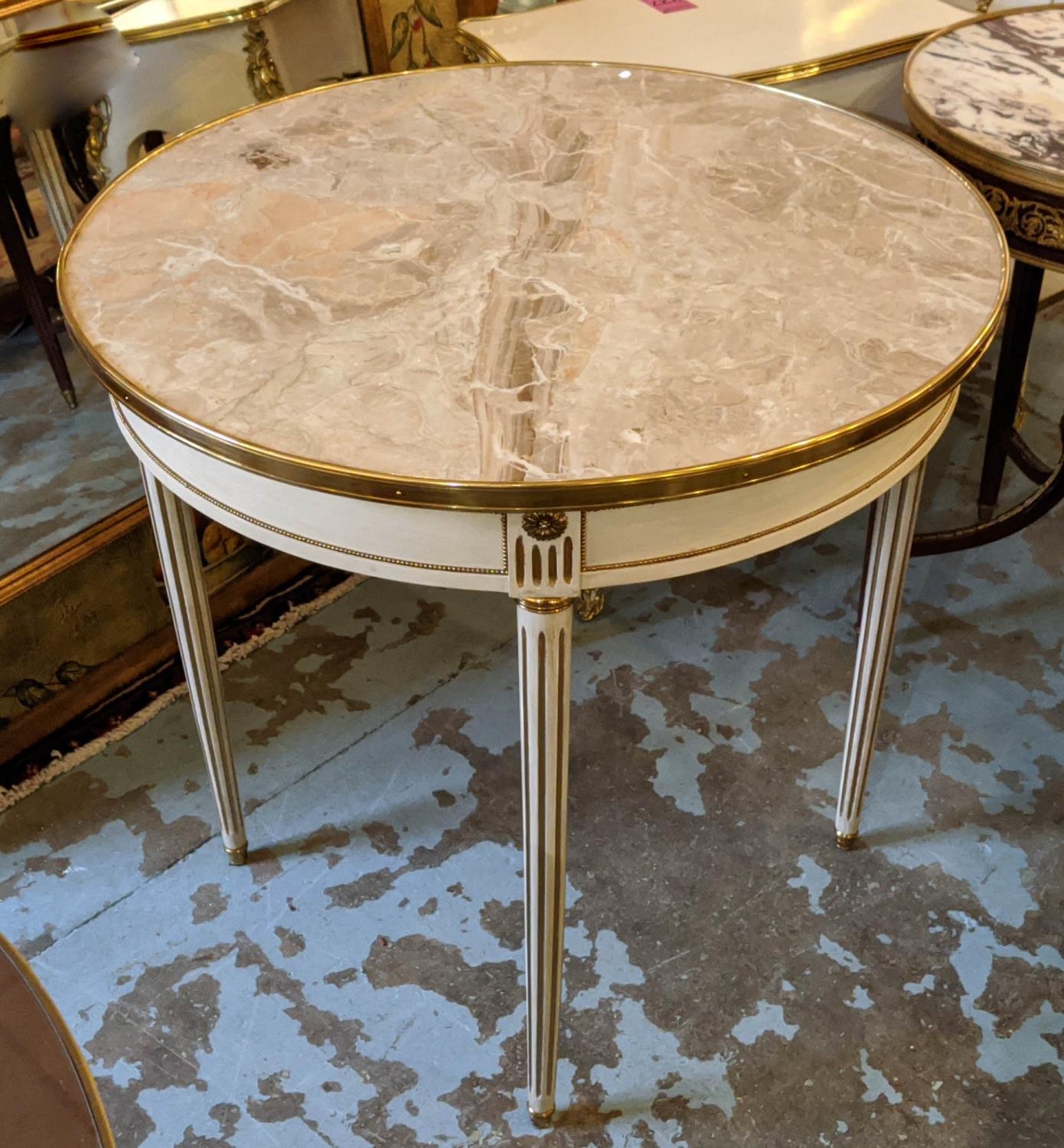 CENTRE TABLE, 81cm x 81cm H, Louis XVI style, the circular marble top on a painted base, with gilt
