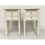 BEDSIDE CHESTS/TABLES, a pair, French style traditionally grey painted each with pierced frieze