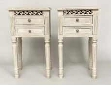 BEDSIDE CHESTS/TABLES, a pair, French style traditionally grey painted each with pierced frieze