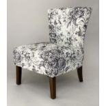 SLIPPER NURSING CHAIR, with shaped back and grey toile print fabric, 70cm W.