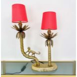 TABLE LAMP, 50cm H x 32cm W x 15cm D in the form of a monkey climbing a palm tree with shades.