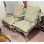 OPEN ARMCHAIRS, a pair, upholstered in cream damask, 95cm H x 70cm W. (2)