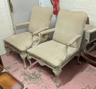 OPEN ARMCHAIRS, a pair, upholstered in cream damask, 95cm H x 70cm W. (2)