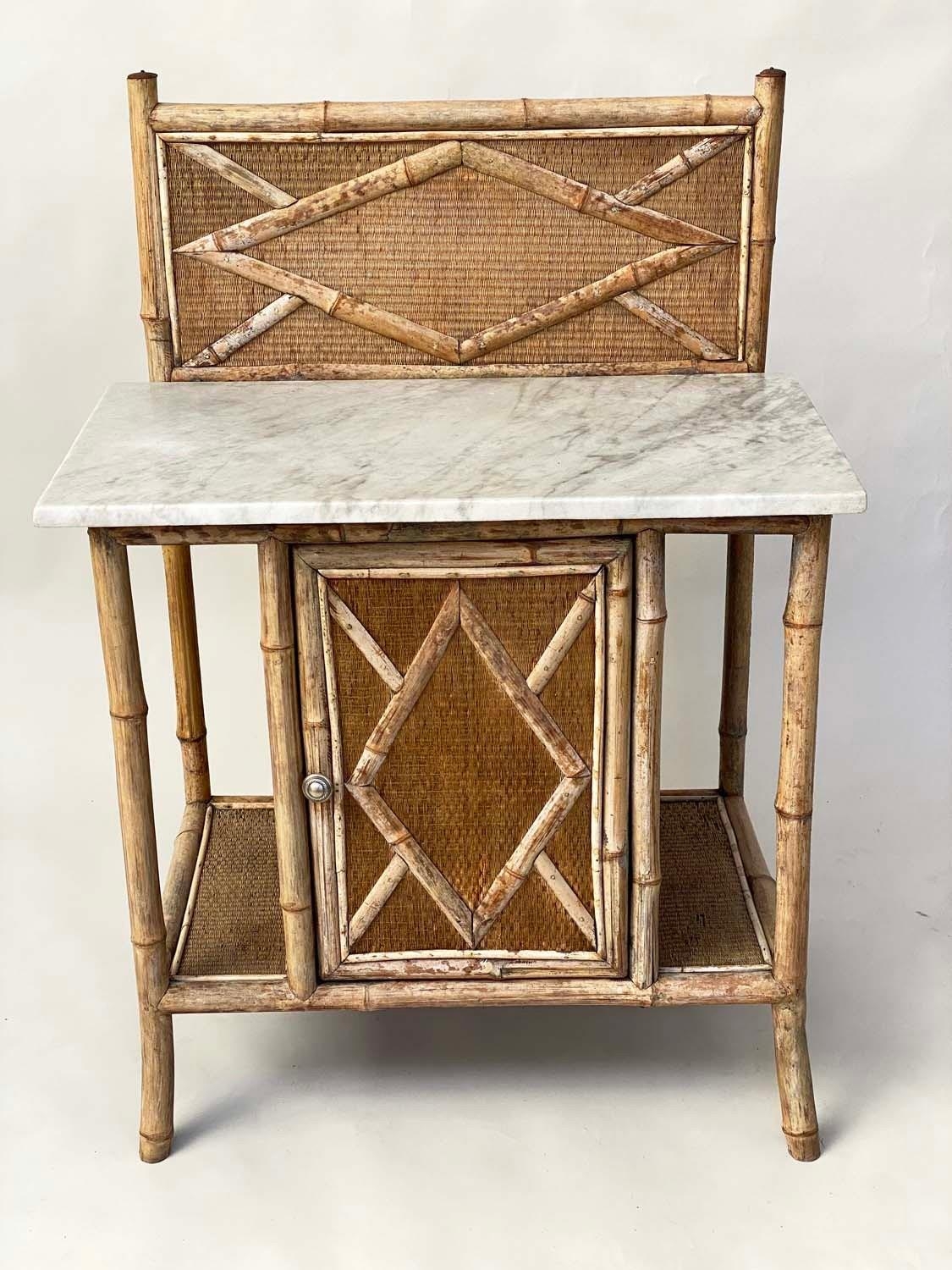 HALL CABINET, late 19th/early 20th century bamboo framed and cane panelled with veined Carrara