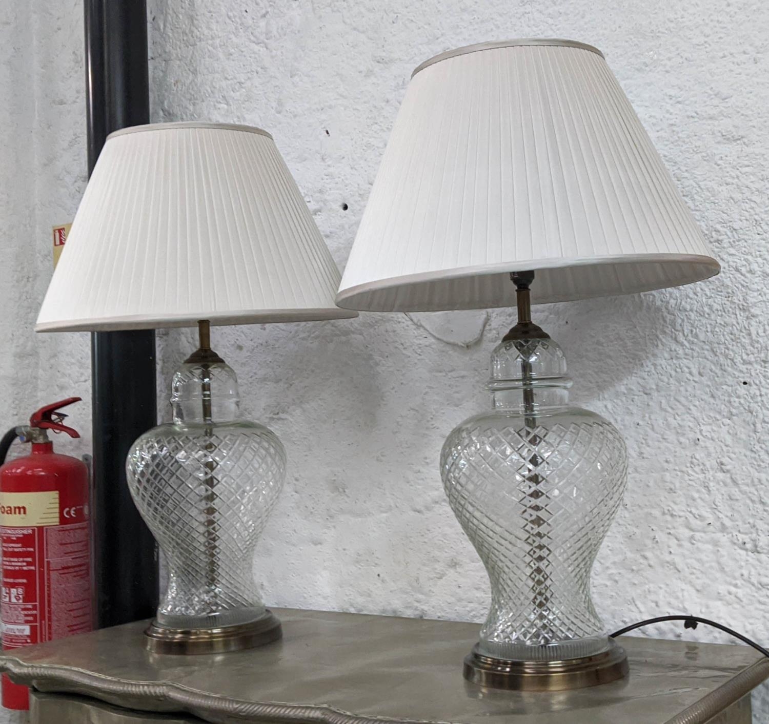 TABLE LAMPS, a pair, 74cm H, glass, with pleated shades. (2) - Image 2 of 7