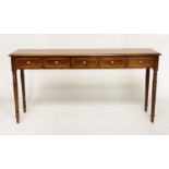 HALL TABLE, George III design burr walnut and crossbanded with five frieze drawers and turned