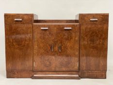 ART DECO SIDEBOARD, early 20th century burr oak with three frieze drawers and four panel doors