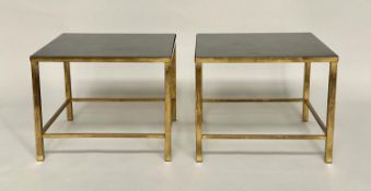 LAMP TABLES, a pair, 1970s gilt metal with square inset fossil marble tops, 51cm x 51cm x 41cm H. (
