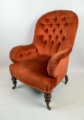 ARMCHAIR, Victorian rosewood with red deep buttoned back upholstery on turned front legs with