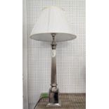 TABLE LAMP, column form shade, polished metal, with shade, 82cm H.