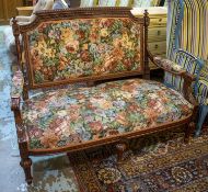 CANAPE, 95cm H x 133cm W, early 20th century French stained oak in floral upholstery.
