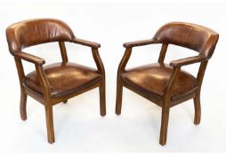 LIBRARY ARMCHAIRS, a pair, studded tan leather with rounded back and arms, 60cm W. (2)