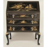 CHINOISERIE BUREAU, Queen Anne style, early 20th century lacquered and gilt Chinoiserie decorated
