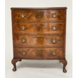 BOWFRONT CHEST, Queen Anne style walnut, burr walnut and crossbanded with four long drawers, 62cm