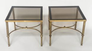 LAMP TABLES, 1970s, a pair, 1970s Regency style gilt metal square with reeded supports, 46cm sq x