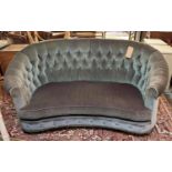 SOFA, early 20th century, smoke blue velvet with buttoned arched back, 170cm W.