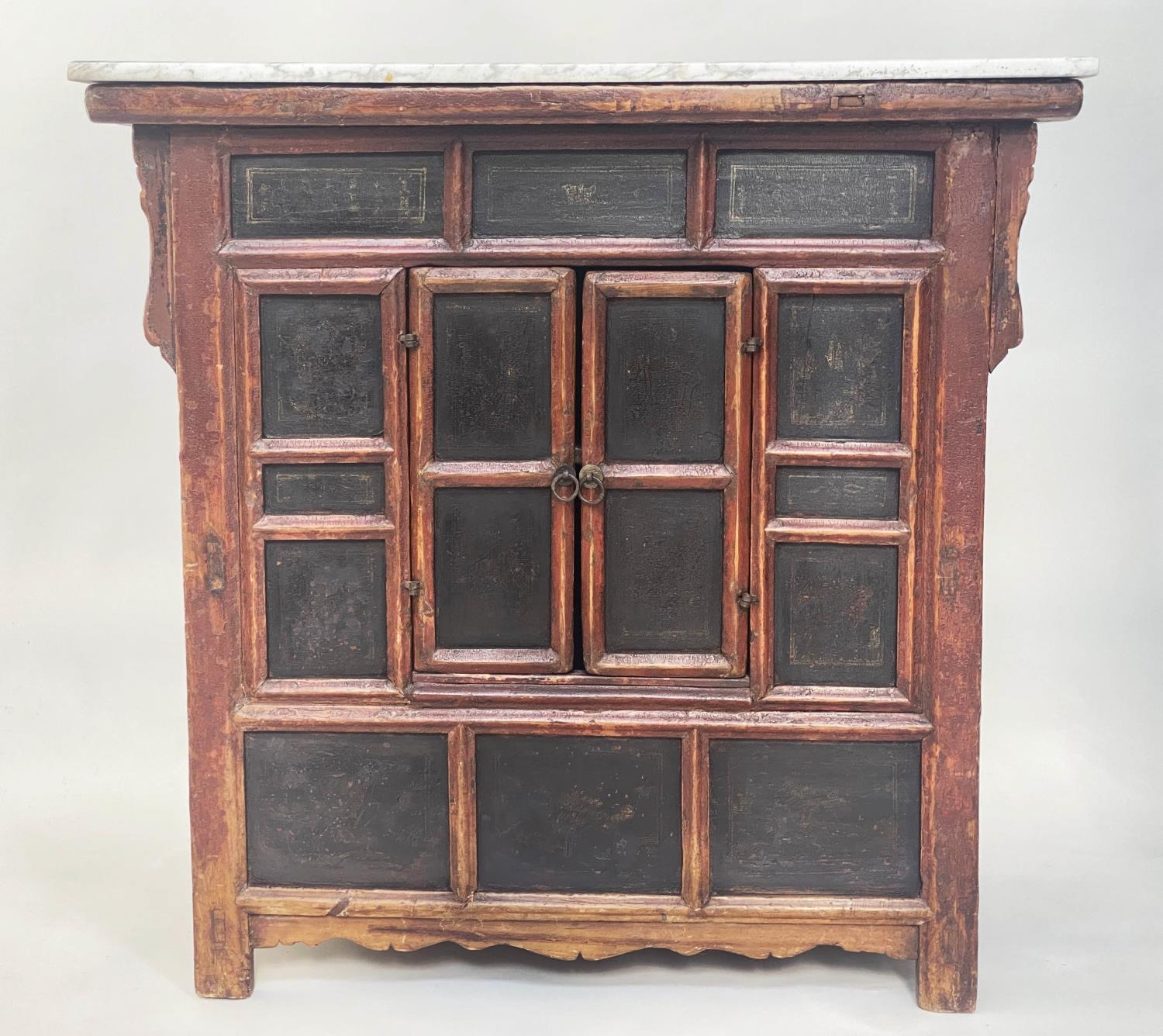 CHINESE SIDE CABINET, 19th century Chinese scarlet lacquered with lattice front and two doors with