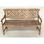 GARDEN BENCH, weathered teak, slatted with lattice back, 146cm W.