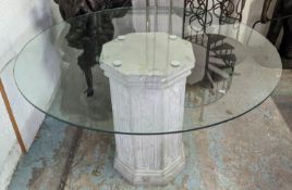 DINING TABLE, composite stone column base, glass top, 124cm x 78cm H.