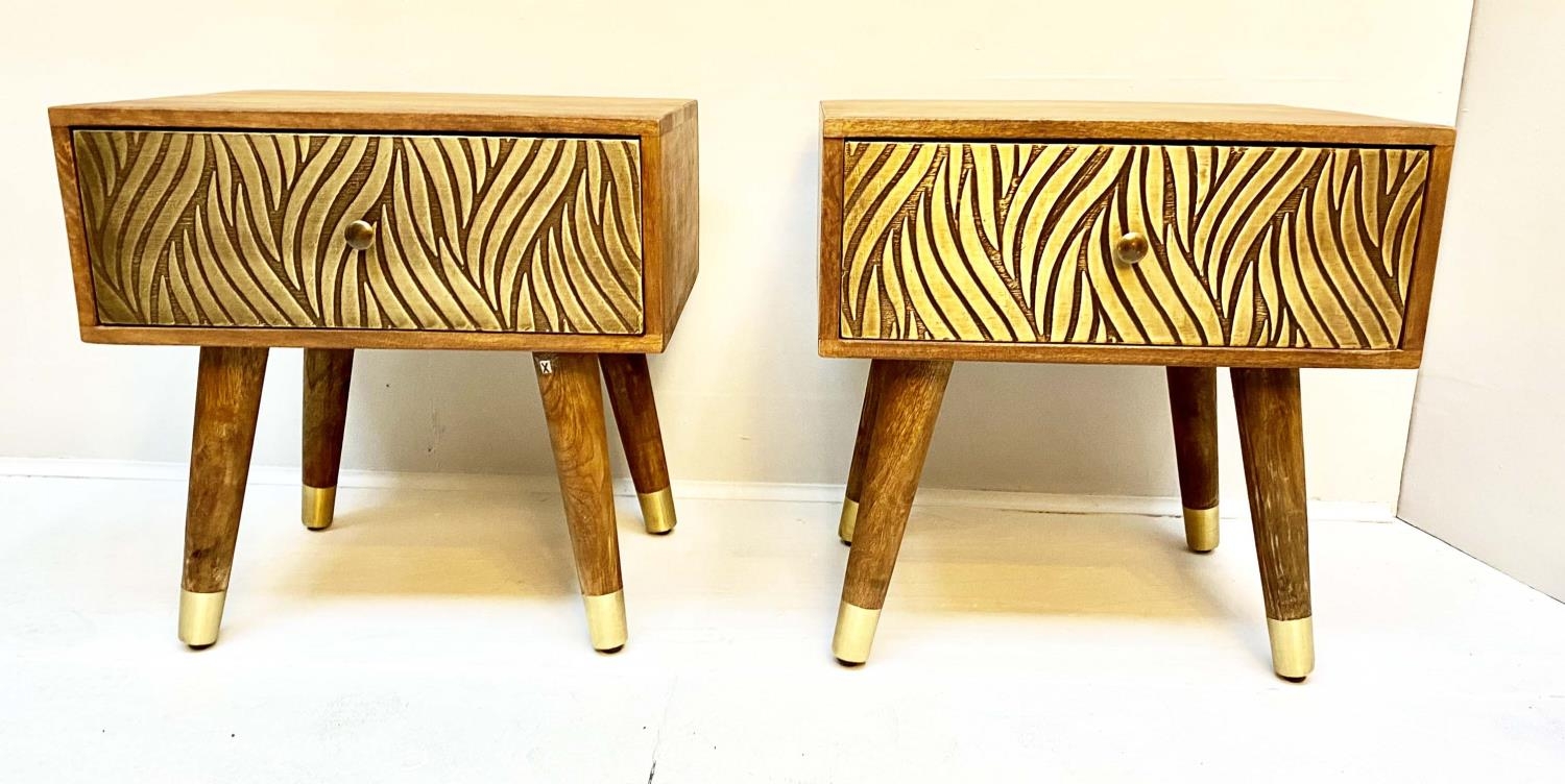 SIDE TABLES, a pair, 51cm H x 50cm W x 41cm D, 1970s Italian style, cedar wood finish, gilt metal