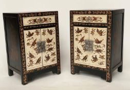 CHINESE CABINETS, a pair, lacquered and gilt Chinoiserie decorated, each with drawer and pair of