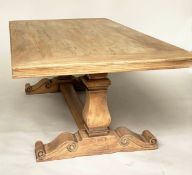 REFECTORY TABLE, Italian style bleached broad and planked and cleated with twin scroll pillar