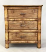 RATTAN CHEST, bamboo and split cane with three long panelled drawers, 88cm W x 50cm D x 98cm H.
