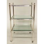 LAMP TABLE, Regency style silvered metal frame with three bevelled square glass shelves, 43cm x 43cm