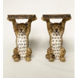 LEOPARD TABLES, a pair, rustic tree section form supported by modelled leopards, 38cm W x 52cm H. (