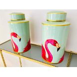 GINGER JARS, pair, 40cm high x 20cm diam, each glazed ceramic, flamingo print design. (2)