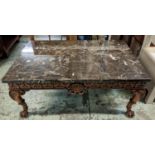 LOW TABLE, 120cm W x 52cm H x 80cm D leaf and shell decorated with a rectangular marble top on hairy