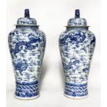 DRAGON TEMPLE VASES, a pair, Chinese blue and white ceramic floor standing with lids, 105cm H. (2)