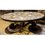 LOW TABLE, 112cm W x 47cm H x 53cm D bronzed framed with an oval segmented stone top.