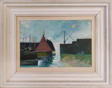 JACK PENDER, Fishing Boats in Dock, Mousehole, oil on board, 30.5cm x 19.5cm, signed to lower right,